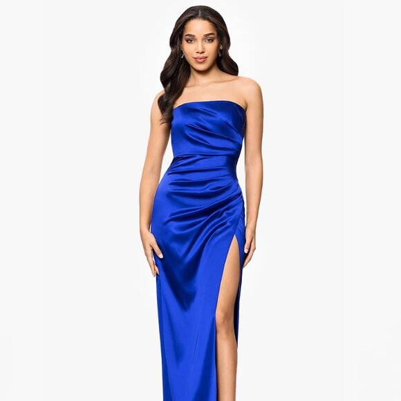 Blondie Nites Juniors' Strapless Draped Side-Slit Gown Royal - Picture 1 of 5
